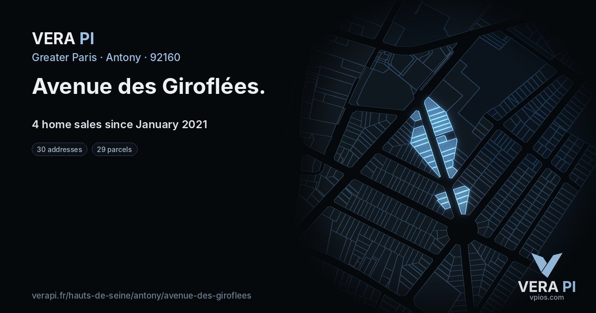 Avenue des Giroflées, Antony at night – every parcel coloured by the prices around it, the street's own parcels lit