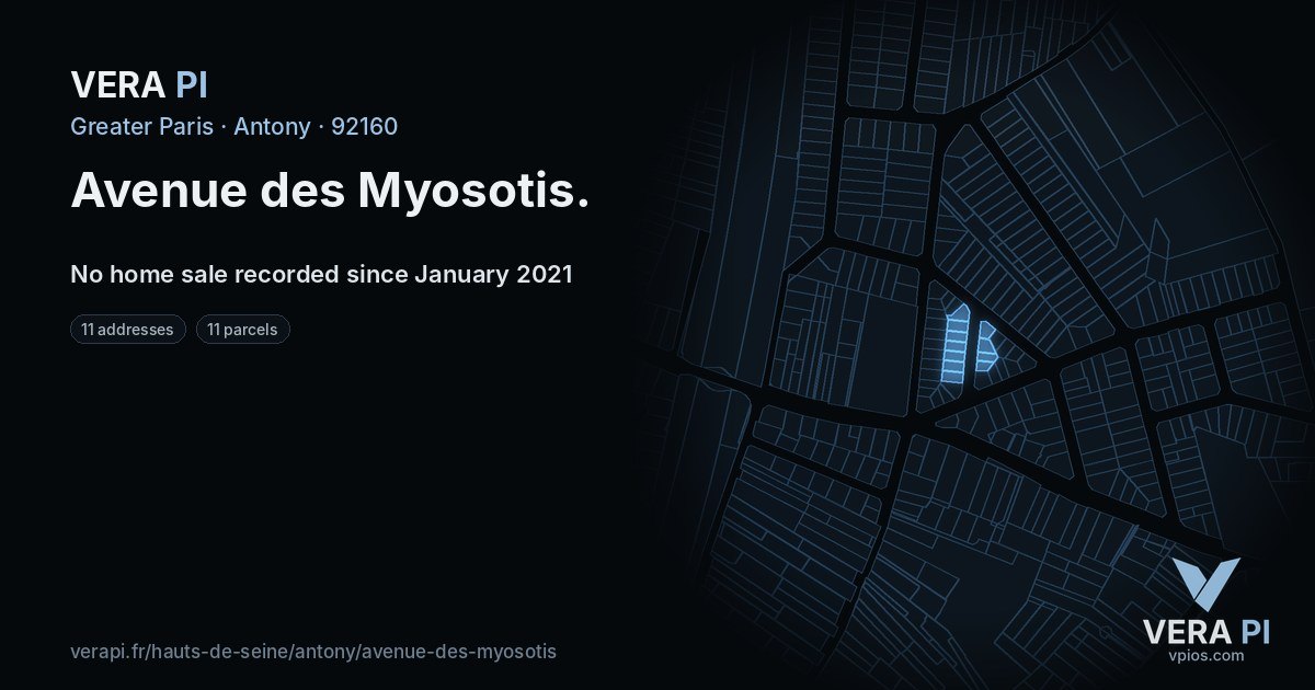 Avenue des Myosotis, Antony at night – every parcel coloured by the prices around it, the street's own parcels lit