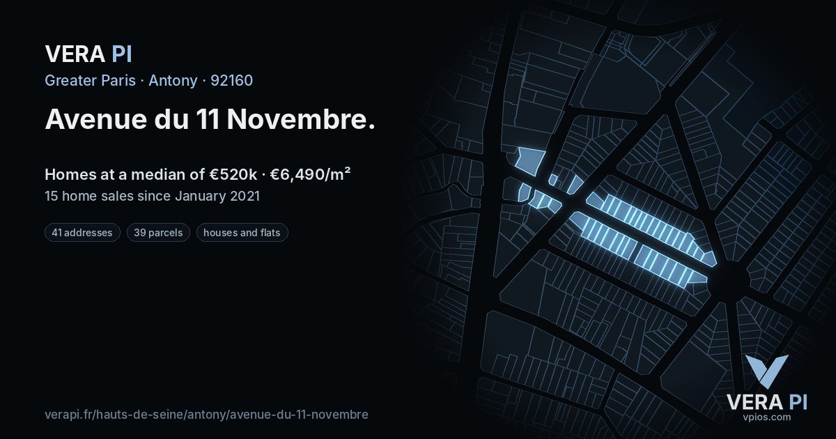 Avenue du 11 Novembre, Antony at night – every parcel coloured by the prices around it, the street's own parcels lit