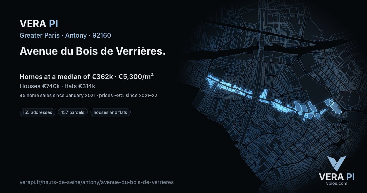 Avenue du Bois de Verrières, Antony at night – every parcel coloured by the prices around it, the street's own parcels lit