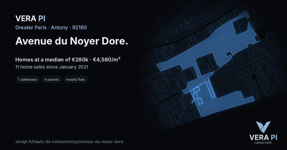 Avenue du Noyer Dore, Antony at night – every parcel coloured by the prices around it, the street's own parcels lit