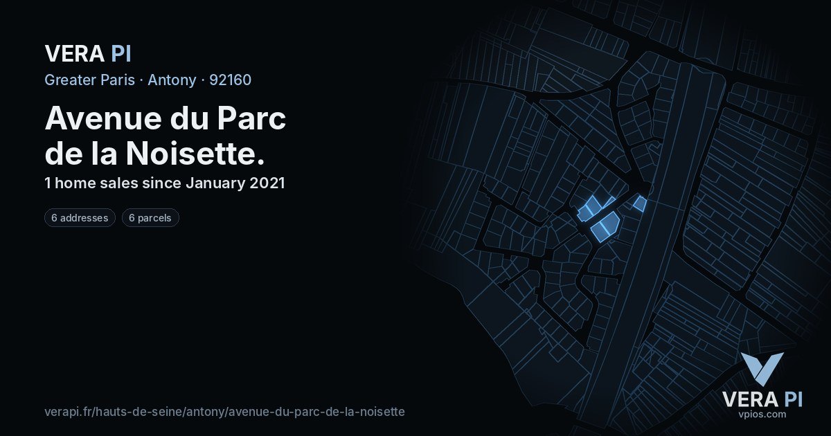 Avenue du Parc de la Noisette, Antony at night – every parcel coloured by the prices around it, the street's own parcels lit