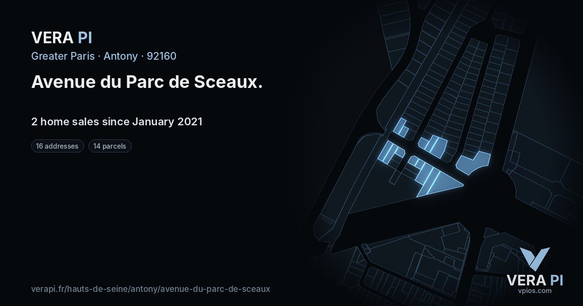 Avenue du Parc de Sceaux, Antony at night – every parcel coloured by the prices around it, the street's own parcels lit