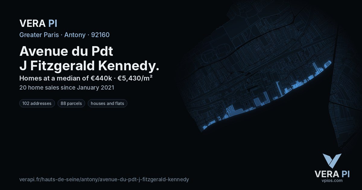 Avenue du Pdt J Fitzgerald Kennedy, Antony at night – every parcel coloured by the prices around it, the street's own parcels lit