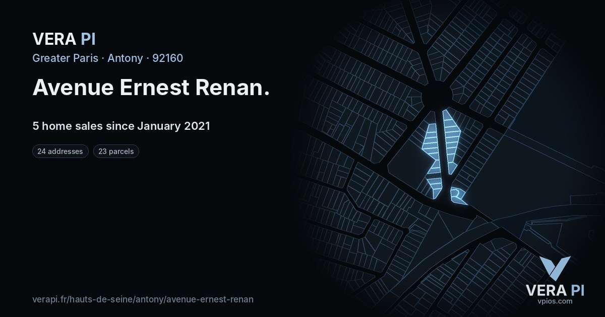 Avenue Ernest Renan, Antony at night – every parcel coloured by the prices around it, the street's own parcels lit