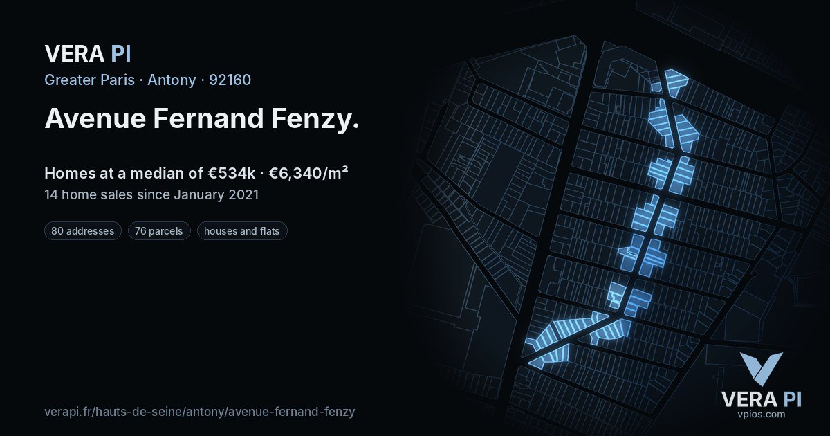 Avenue Fernand Fenzy, Antony at night – every parcel coloured by the prices around it, the street's own parcels lit