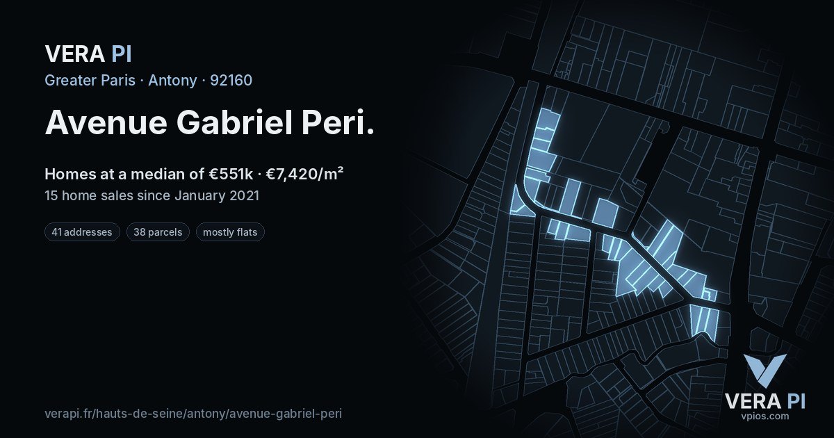 Avenue Gabriel Peri, Antony at night – every parcel coloured by the prices around it, the street's own parcels lit