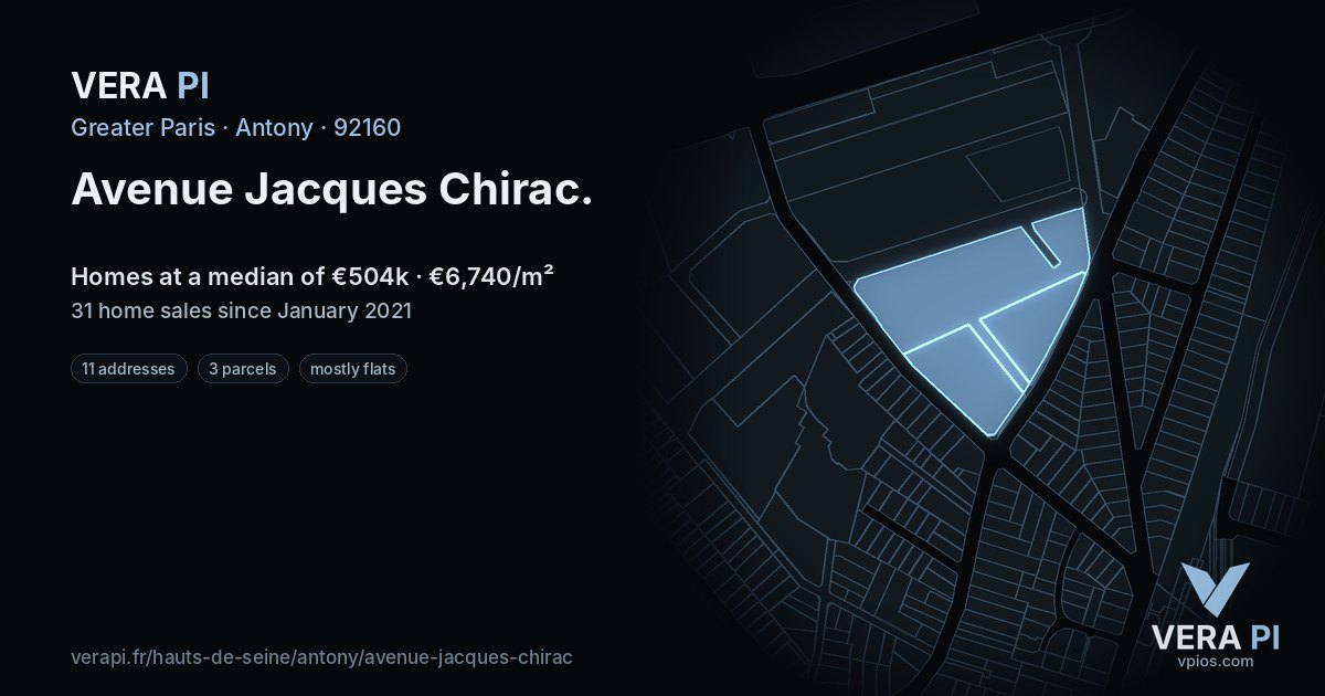 Avenue Jacques Chirac, Antony at night – every parcel coloured by the prices around it, the street's own parcels lit