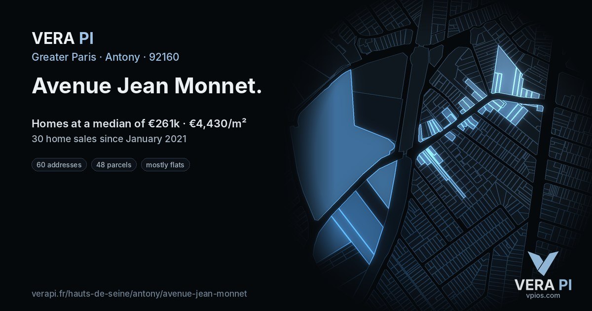Avenue Jean Monnet, Antony at night – every parcel coloured by the prices around it, the street's own parcels lit