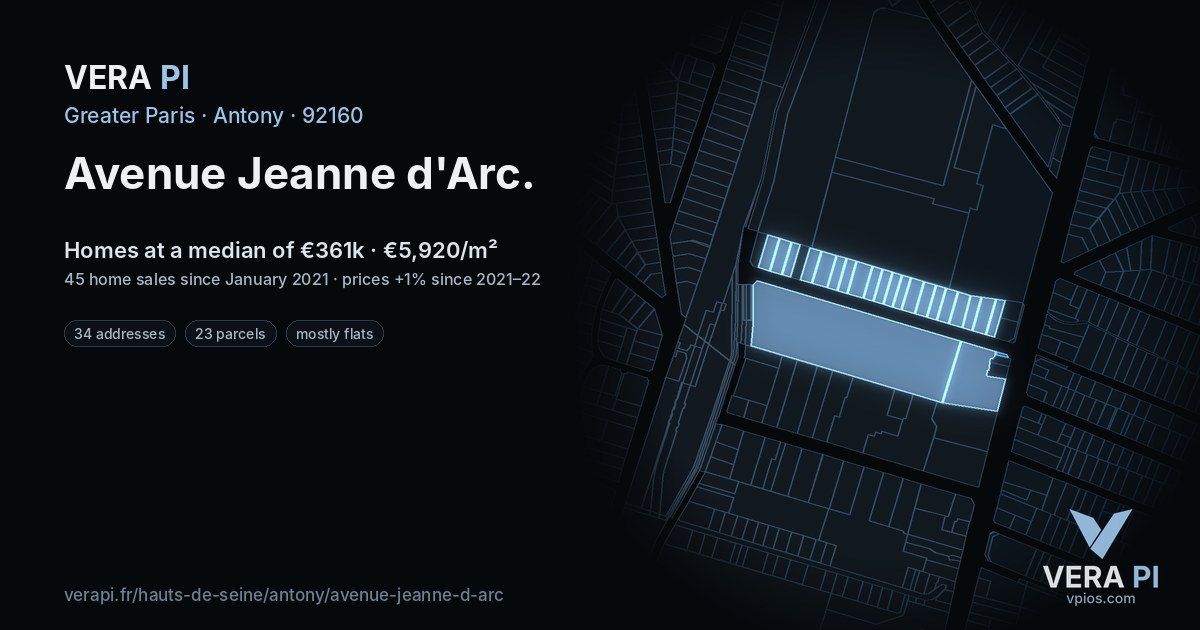 Avenue Jeanne d'Arc, Antony at night – every parcel coloured by the prices around it, the street's own parcels lit