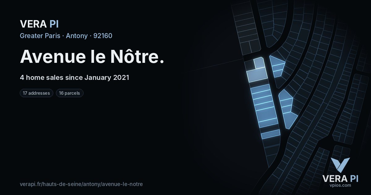 Avenue le Nôtre, Antony at night – every parcel coloured by the prices around it, the street's own parcels lit