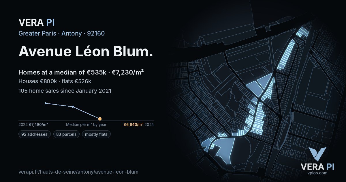 Avenue Léon Blum, Antony at night – every parcel coloured by the prices around it, the street's own parcels lit
