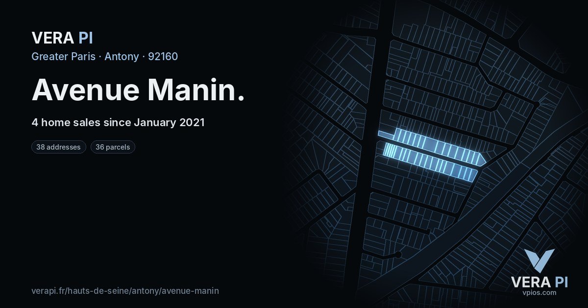 Avenue Manin, Antony at night – every parcel coloured by the prices around it, the street's own parcels lit