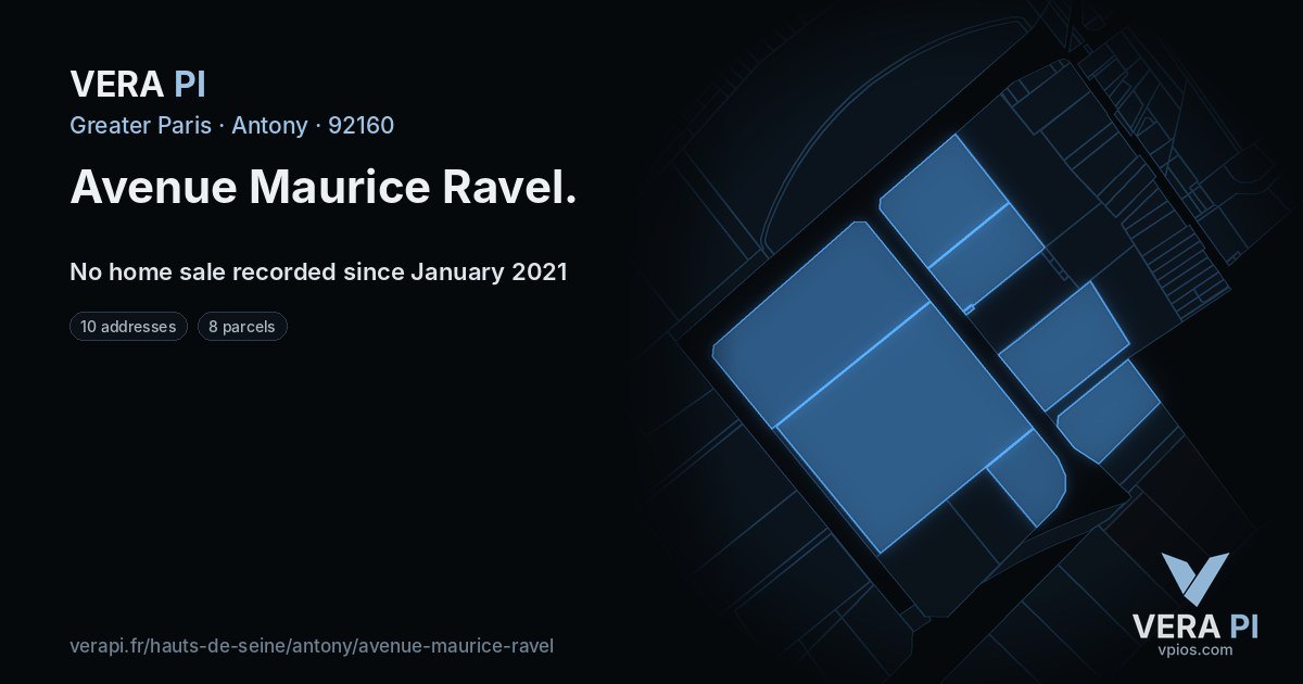 Avenue Maurice Ravel, Antony at night – every parcel coloured by the prices around it, the street's own parcels lit
