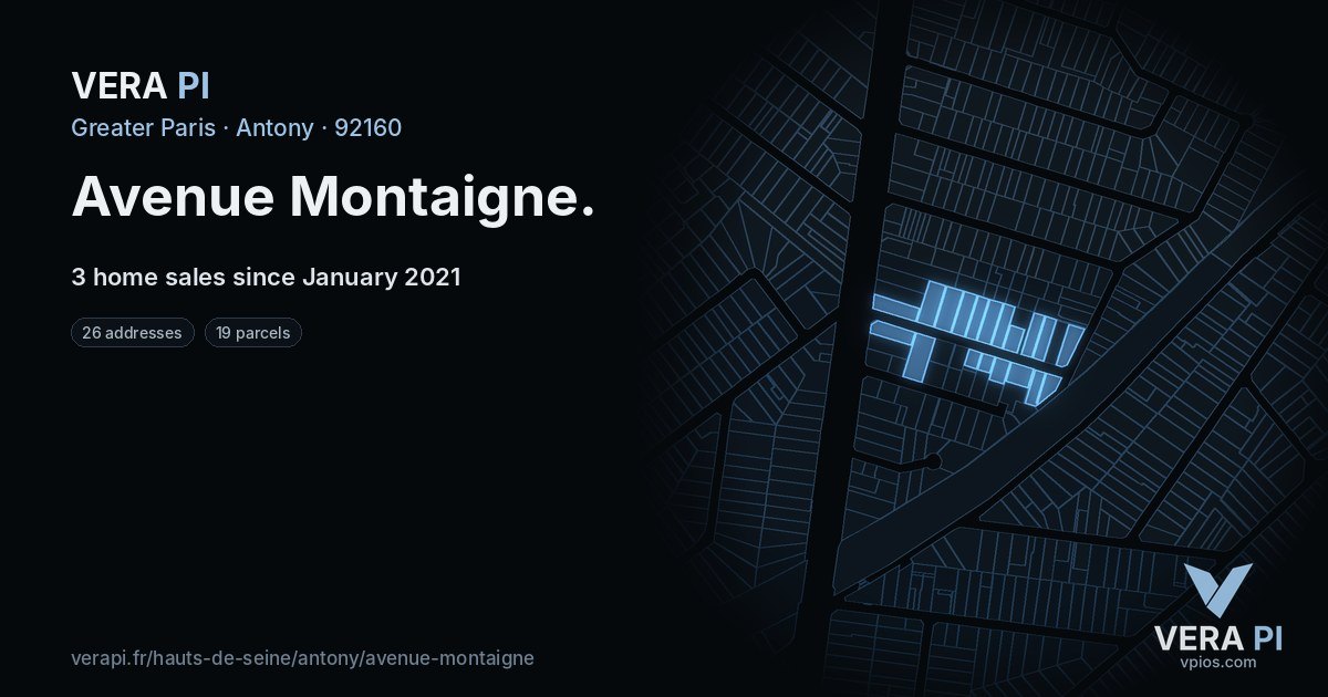 Avenue Montaigne, Antony at night – every parcel coloured by the prices around it, the street's own parcels lit