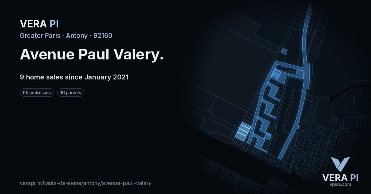 Avenue Paul Valery, Antony at night – every parcel coloured by the prices around it, the street's own parcels lit