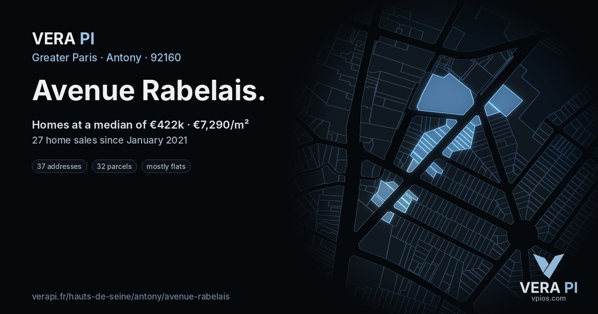 Avenue Rabelais, Antony at night – every parcel coloured by the prices around it, the street's own parcels lit