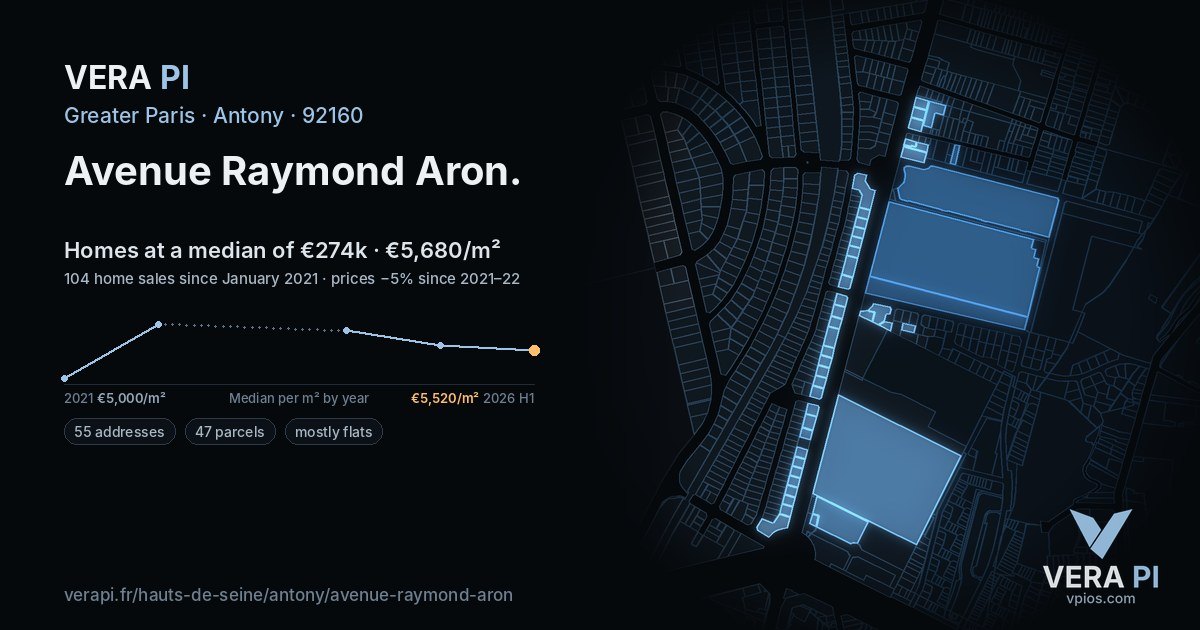 Avenue Raymond Aron, Antony at night – every parcel coloured by the prices around it, the street's own parcels lit