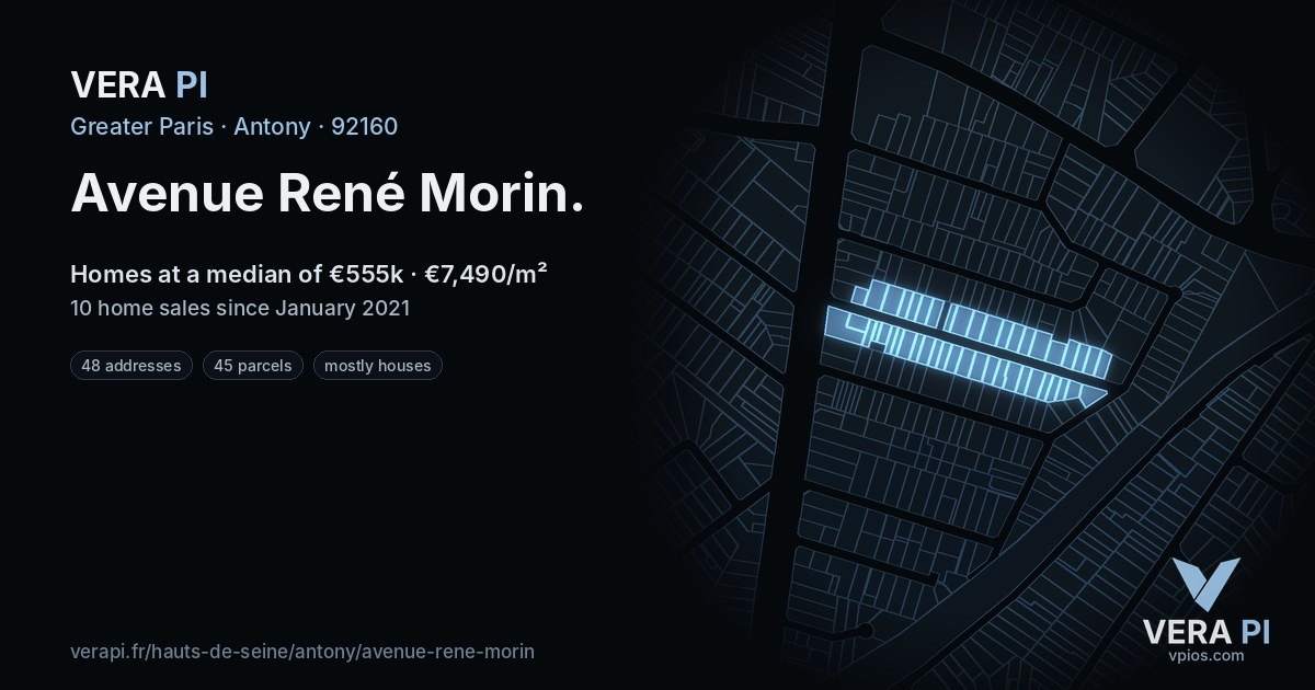 Avenue René Morin, Antony at night – every parcel coloured by the prices around it, the street's own parcels lit