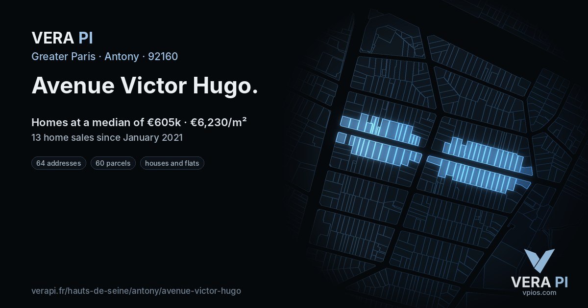 Avenue Victor Hugo, Antony at night – every parcel coloured by the prices around it, the street's own parcels lit