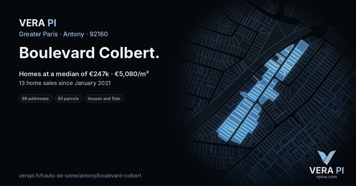 Boulevard Colbert, Antony at night – every parcel coloured by the prices around it, the street's own parcels lit