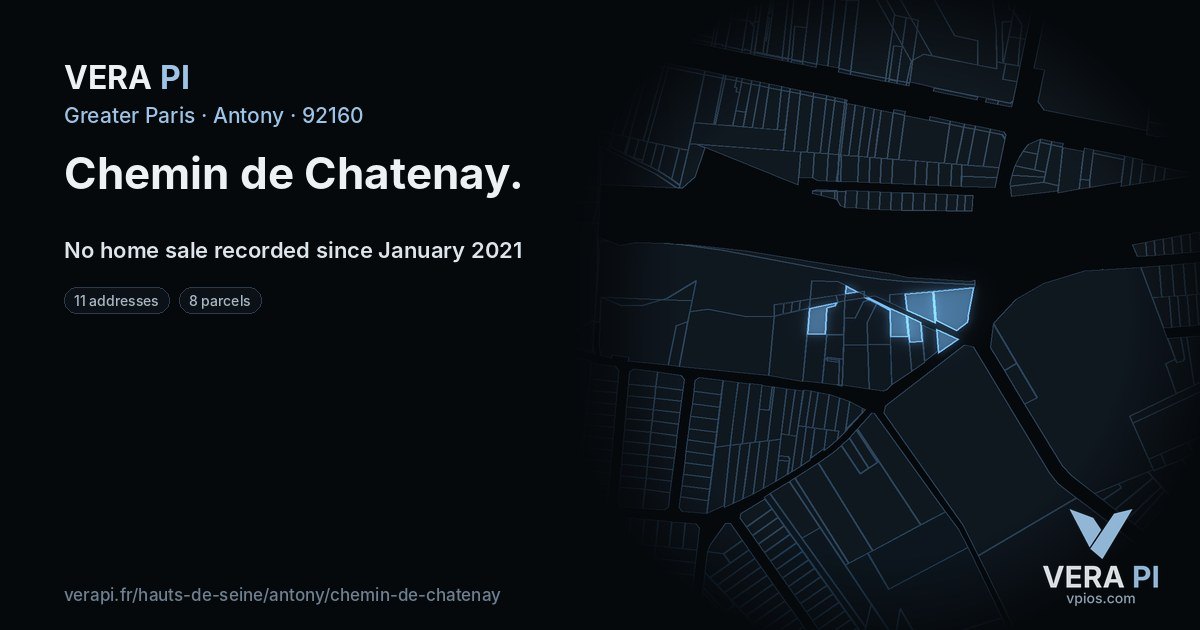 Chemin de Chatenay, Antony at night – every parcel coloured by the prices around it, the street's own parcels lit