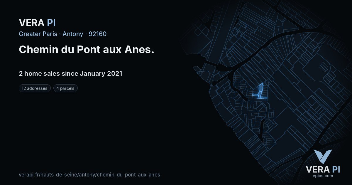 Chemin du Pont aux Anes, Antony at night – every parcel coloured by the prices around it, the street's own parcels lit