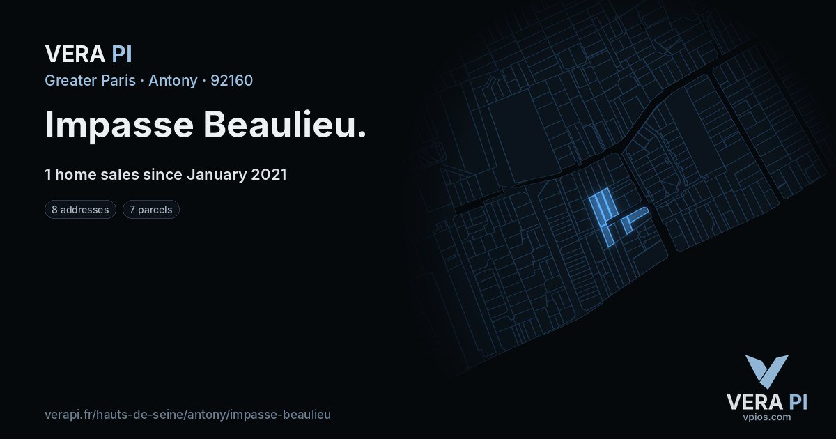 Impasse Beaulieu, Antony at night – every parcel coloured by the prices around it, the street's own parcels lit