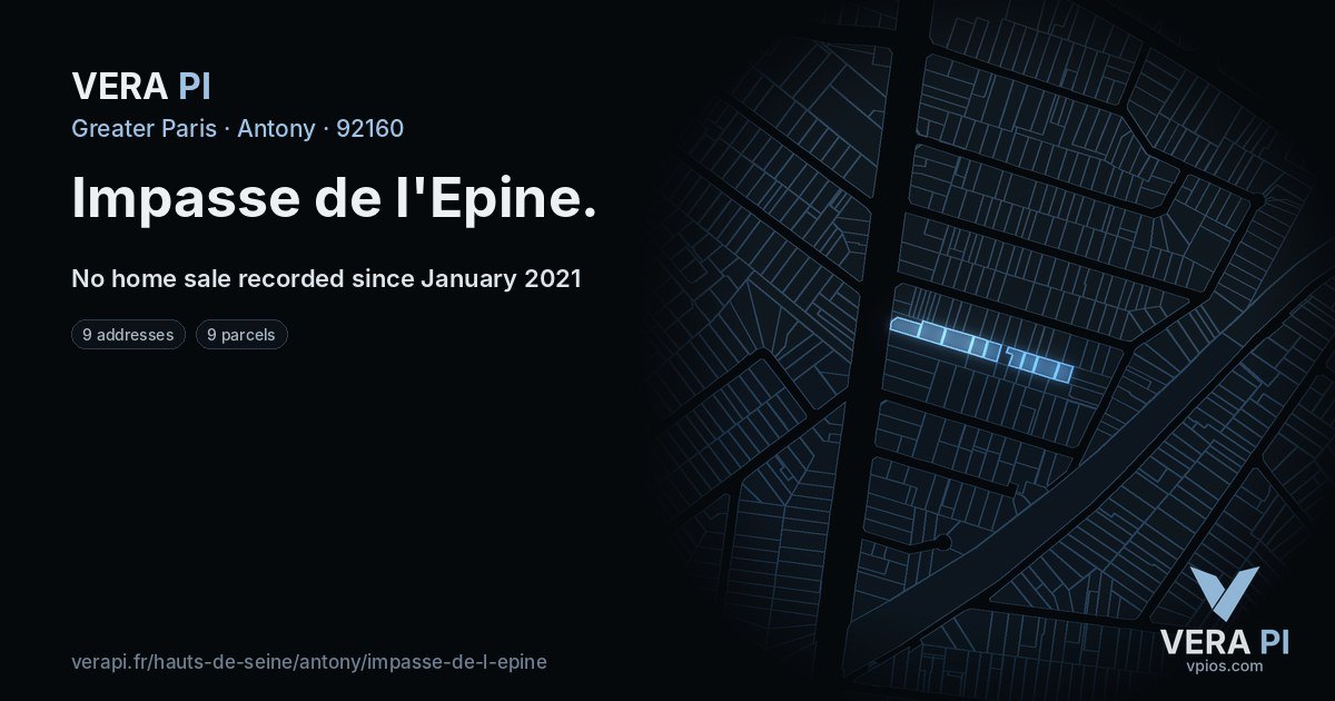 Impasse de l'Epine, Antony at night – every parcel coloured by the prices around it, the street's own parcels lit