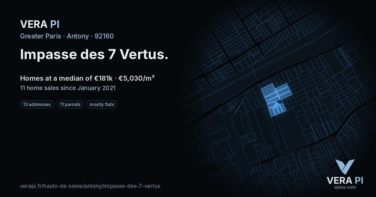 Impasse des 7 Vertus, Antony at night – every parcel coloured by the prices around it, the street's own parcels lit