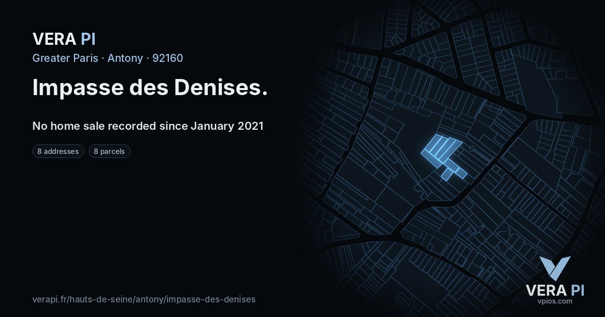 Impasse des Denises, Antony at night – every parcel coloured by the prices around it, the street's own parcels lit