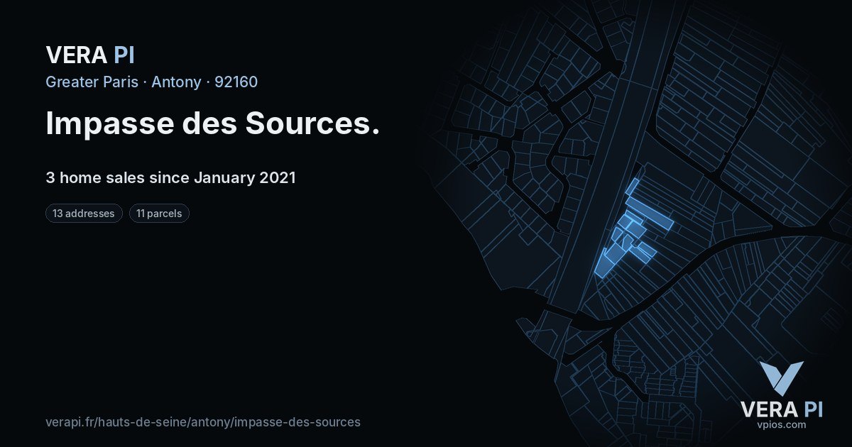 Impasse des Sources, Antony at night – every parcel coloured by the prices around it, the street's own parcels lit