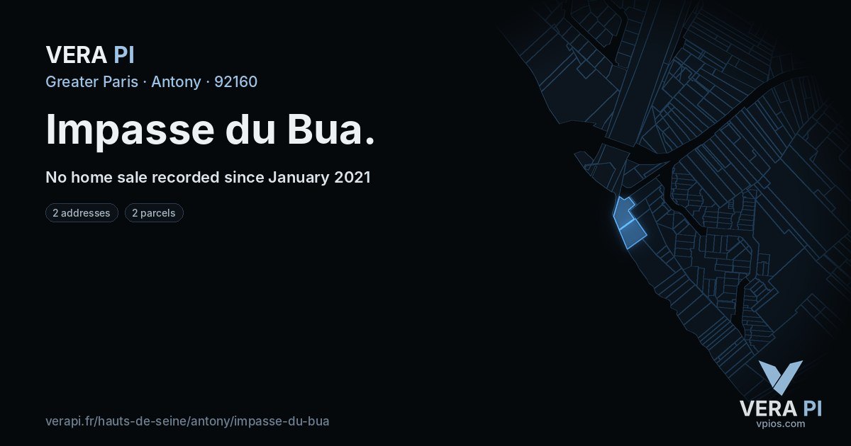 Impasse du Bua, Antony at night – every parcel coloured by the prices around it, the street's own parcels lit