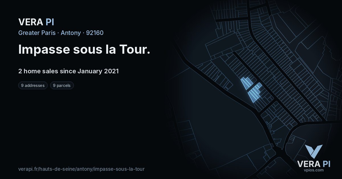 Impasse sous la Tour, Antony at night – every parcel coloured by the prices around it, the street's own parcels lit