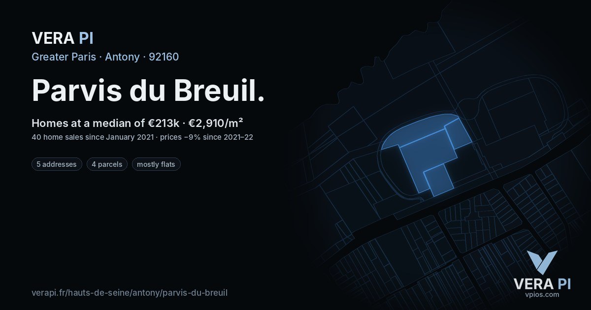 Parvis du Breuil, Antony at night – every parcel coloured by the prices around it, the street's own parcels lit