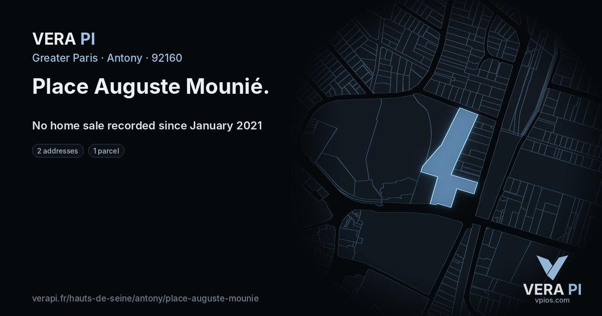 Place Auguste Mounié, Antony at night – every parcel coloured by the prices around it, the street's own parcels lit