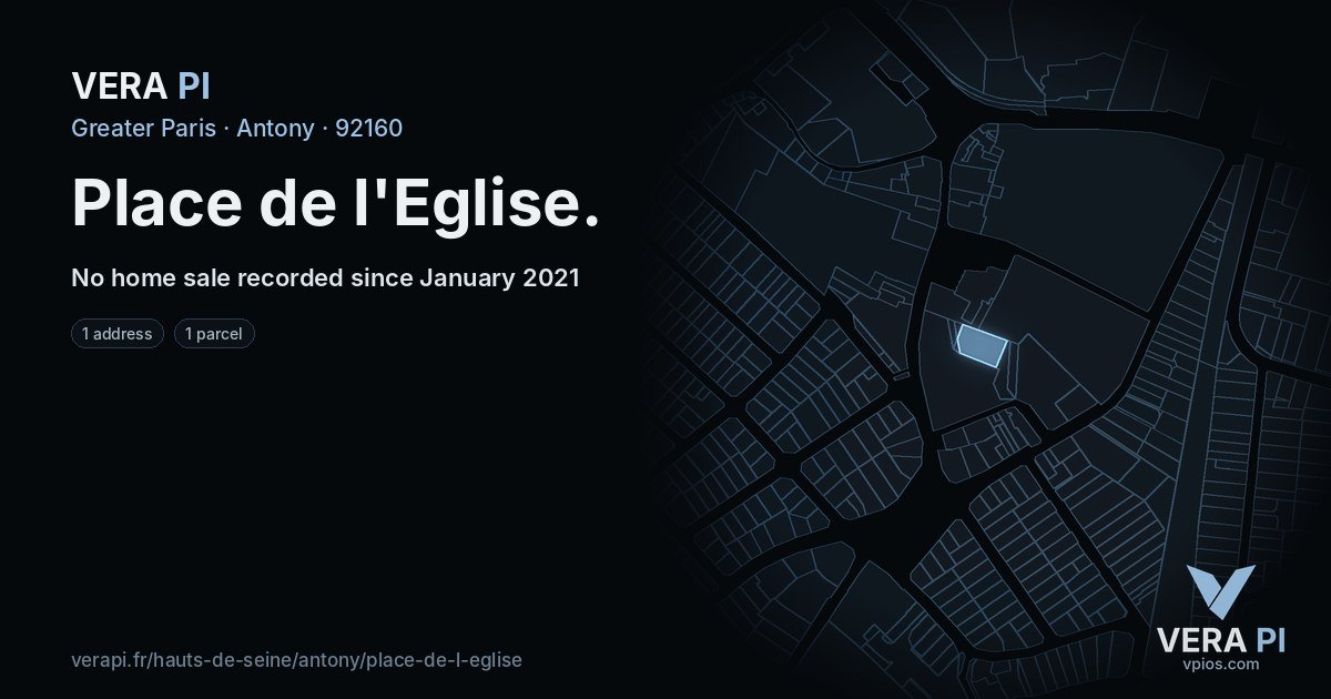 Place de l'Eglise, Antony at night – every parcel coloured by the prices around it, the street's own parcels lit