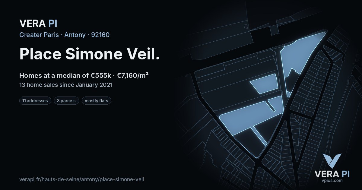 Place Simone Veil, Antony at night – every parcel coloured by the prices around it, the street's own parcels lit