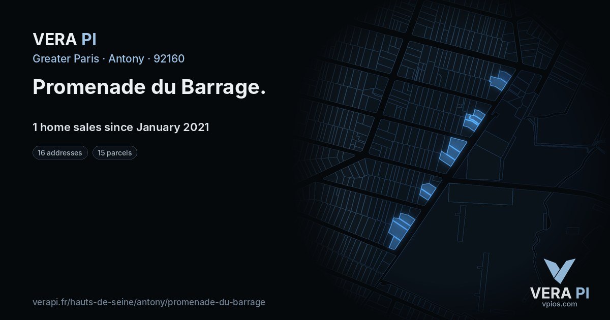 Promenade du Barrage, Antony at night – every parcel coloured by the prices around it, the street's own parcels lit
