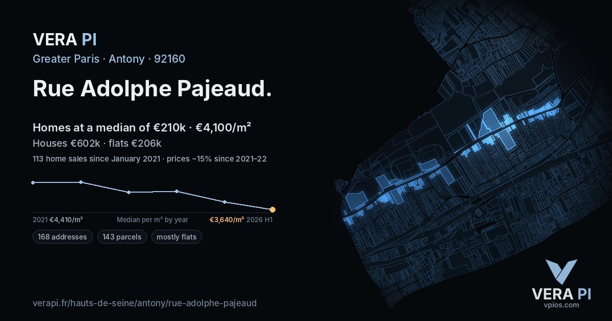 Rue Adolphe Pajeaud, Antony at night – every parcel coloured by the prices around it, the street's own parcels lit