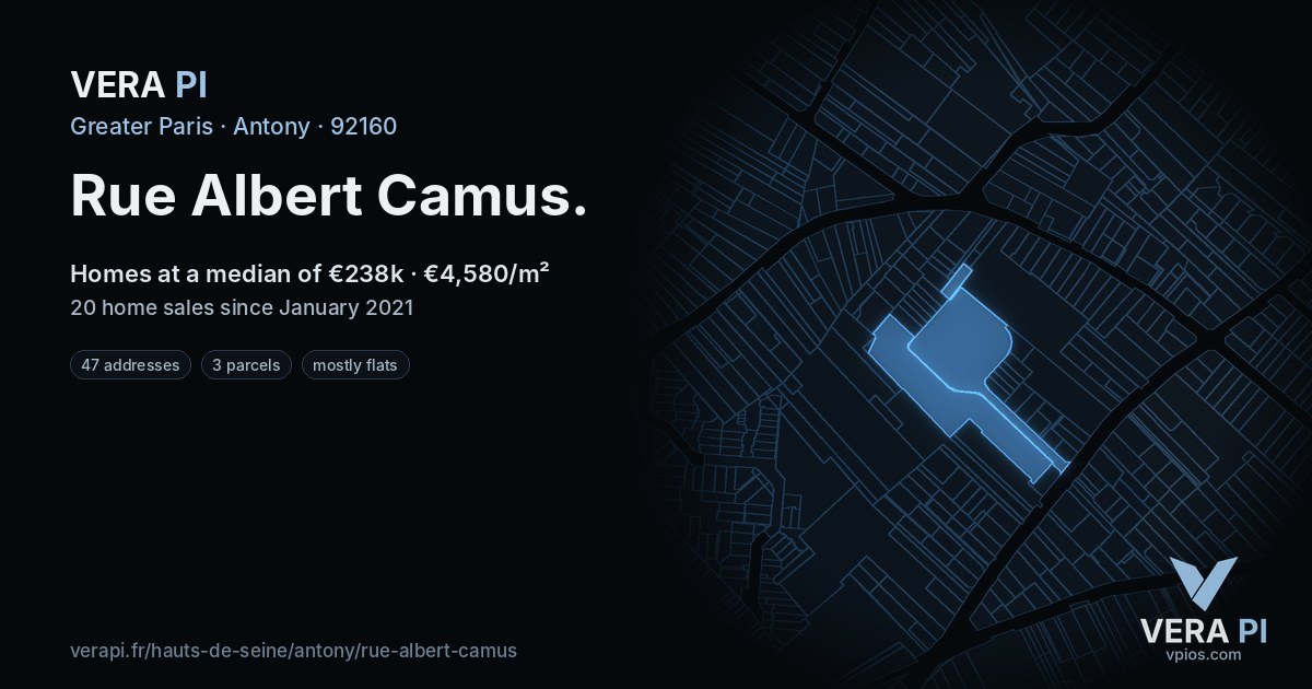 Rue Albert Camus, Antony at night – every parcel coloured by the prices around it, the street's own parcels lit