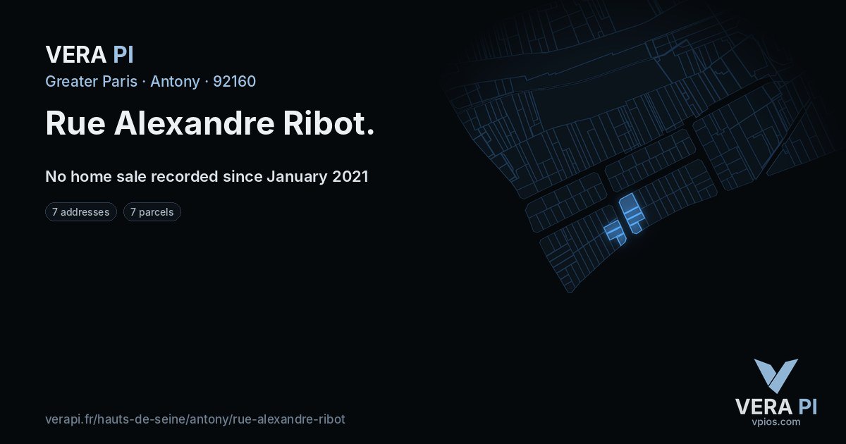 Rue Alexandre Ribot, Antony at night – every parcel coloured by the prices around it, the street's own parcels lit
