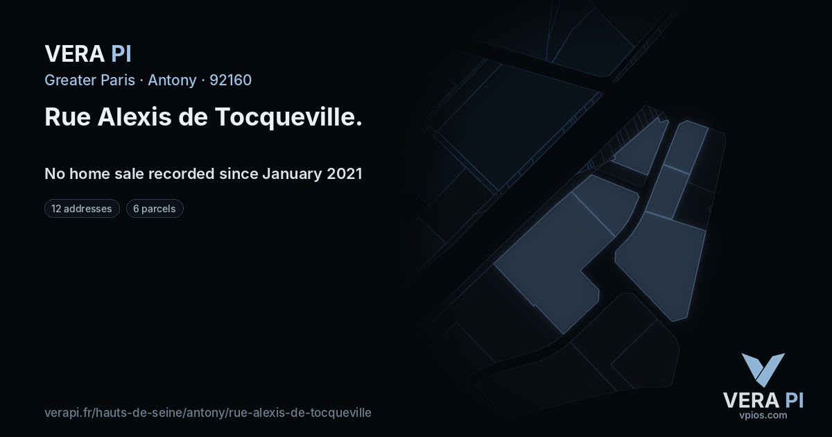 Rue Alexis de Tocqueville, Antony at night – every parcel coloured by the prices around it, the street's own parcels lit