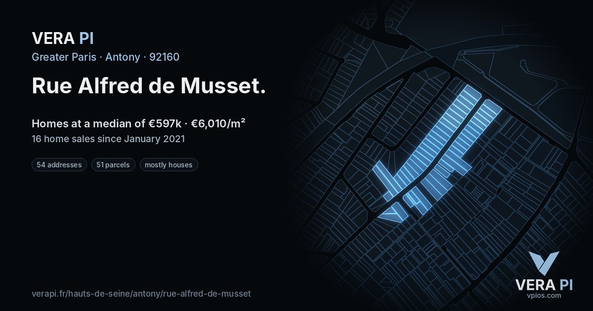 Rue Alfred de Musset, Antony at night – every parcel coloured by the prices around it, the street's own parcels lit