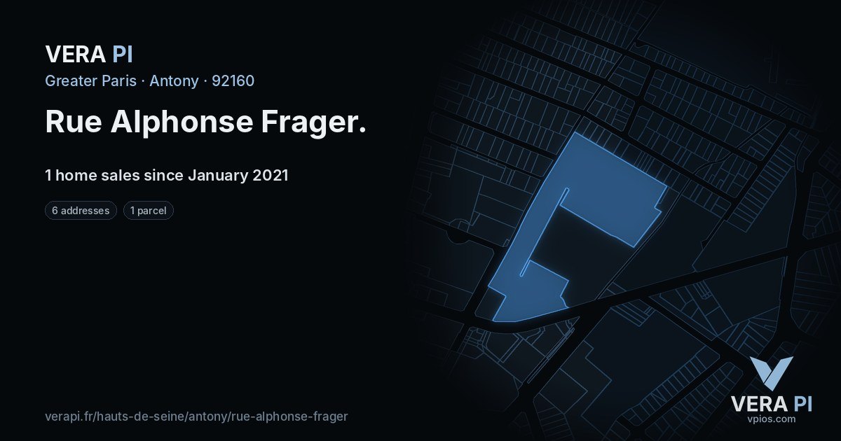 Rue Alphonse Frager, Antony at night – every parcel coloured by the prices around it, the street's own parcels lit