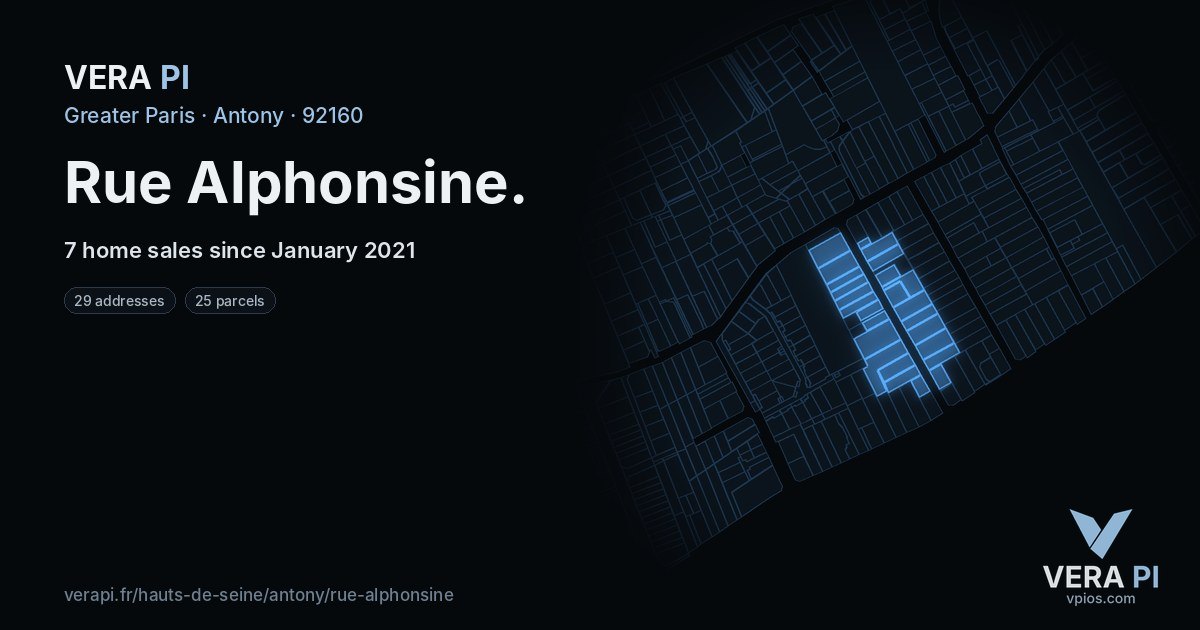 Rue Alphonsine, Antony at night – every parcel coloured by the prices around it, the street's own parcels lit