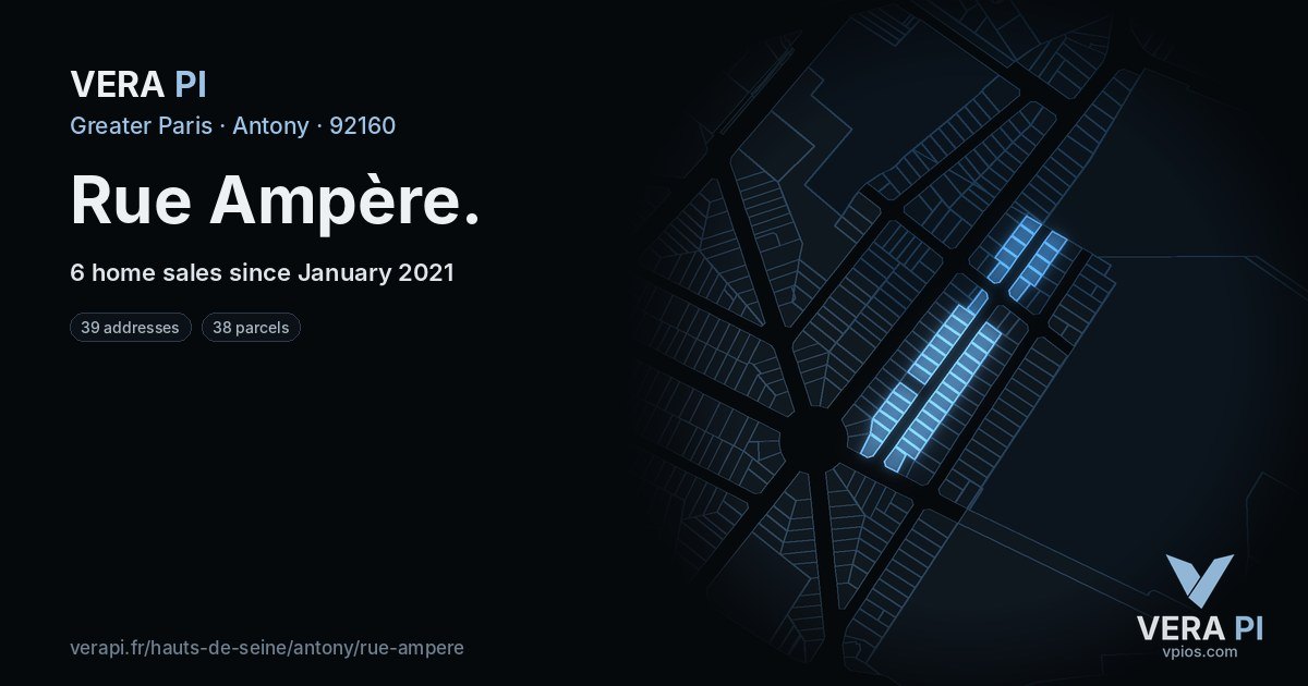 Rue Ampère, Antony at night – every parcel coloured by the prices around it, the street's own parcels lit