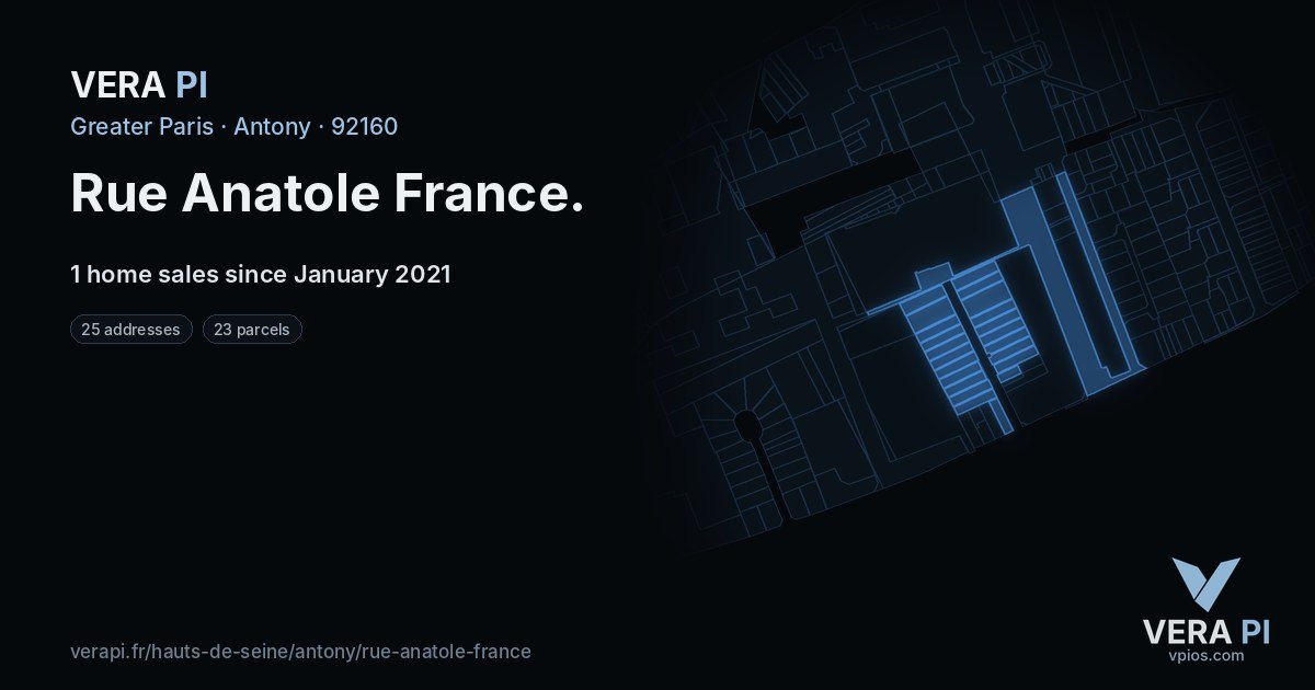 Rue Anatole France, Antony at night – every parcel coloured by the prices around it, the street's own parcels lit
