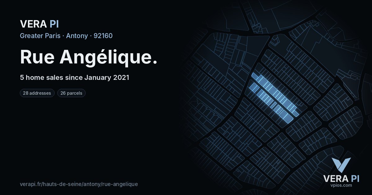 Rue Angélique, Antony at night – every parcel coloured by the prices around it, the street's own parcels lit