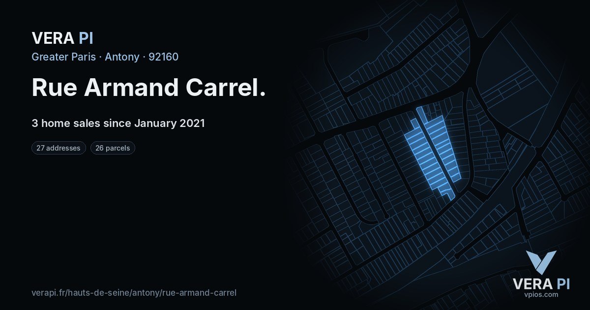 Rue Armand Carrel, Antony at night – every parcel coloured by the prices around it, the street's own parcels lit